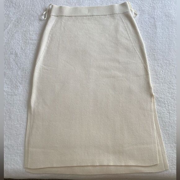 AYR Skirt The Curator Ribbed Knit Marino Wool Stretch Slit Cream Midi Size M - Picture 3 of 8